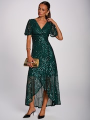 Jolie Moi Green Sequin Angel Sleeve Flare Hem Maxi Dress - Image 4 of 6