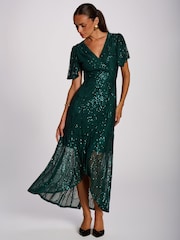 Jolie Moi Green Sequin Angel Sleeve Flare Hem Maxi Dress - Image 5 of 6