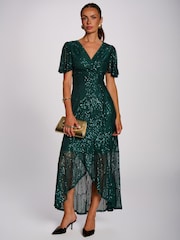 Jolie Moi Green Sequin Angel Sleeve Flare Hem Maxi Dress - Image 6 of 6