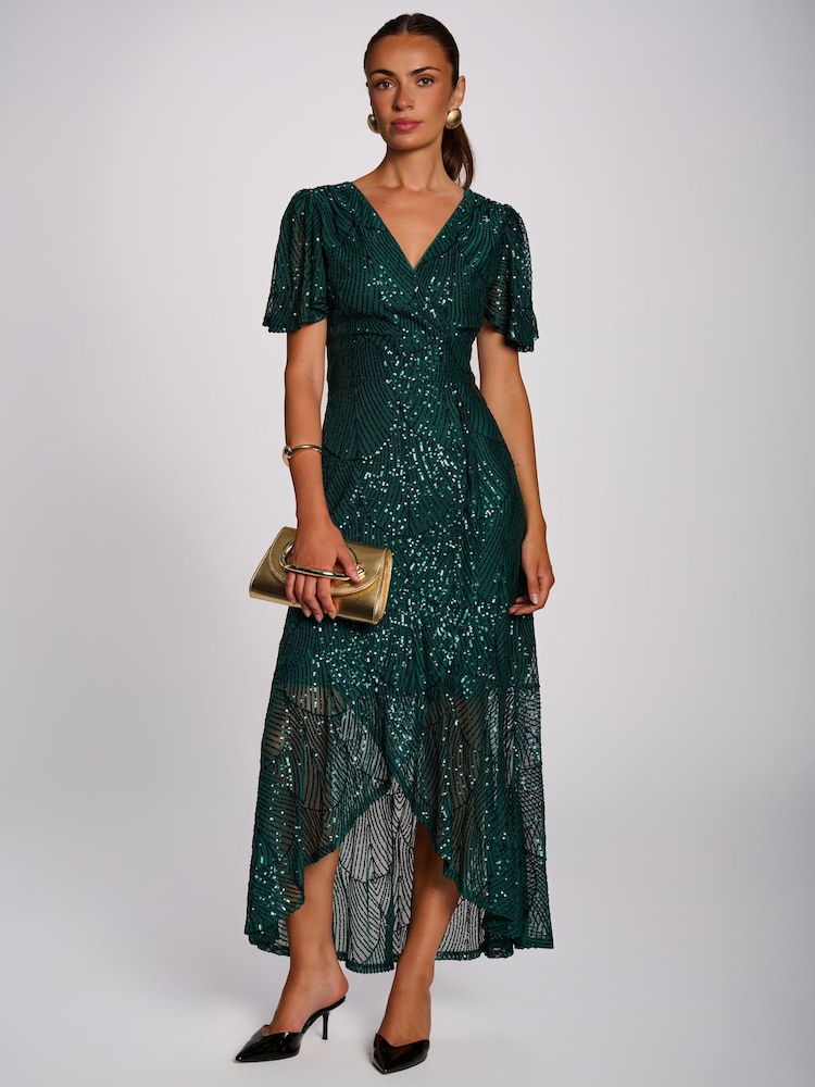 Jolie Moi Green Sequin Angel Sleeve Flare Hem Maxi Dress - Image 6 of 6 Jolie Moi Green Sequin Angel Sleeve Flare Hem Maxi Dress - Image 6 of 6