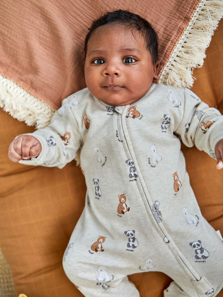 JoJo Maman Bébé Stone Grey Bear Print Zip Cotton Baby Sleepsuit - Image 2 of 5
