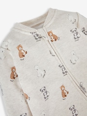 JoJo Maman Bébé Stone Grey Bear Print Zip Cotton Baby Sleepsuit - Image 4 of 5