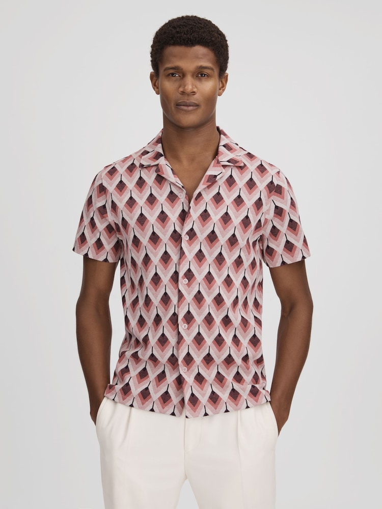 Reiss Pink Multi Beech Cotton Blend Jacquard Cuban Collar Shirt - Image 1 of 7