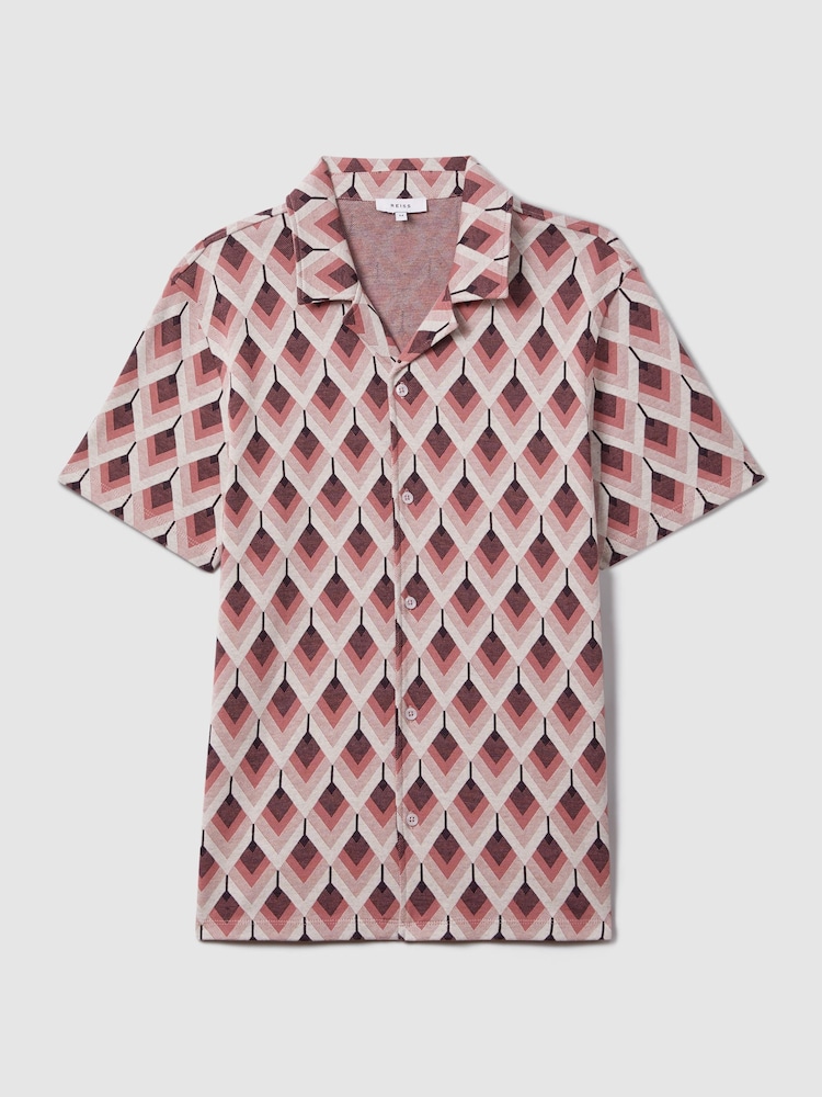 Reiss Pink Multi Beech Cotton Blend Jacquard Cuban Collar Shirt - Image 2 of 7