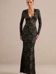 Club L London Black Avorine Lace Plunge Neck Maxi Dress - Image 1 of 6