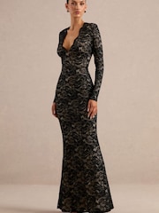 Club L London Black Avorine Lace Plunge Neck Maxi Dress - Image 3 of 6