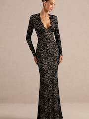 Club L London Black Avorine Lace Plunge Neck Maxi Dress - Image 5 of 6