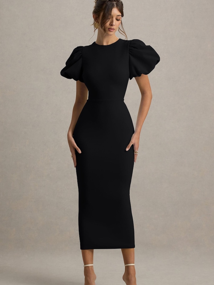 Club L London Black Dakota | Puff-Sleeve Midi Dress - Image 1 of 6 Club L London Black Dakota | Puff-Sleeve Midi Dress - Image 1 of 6