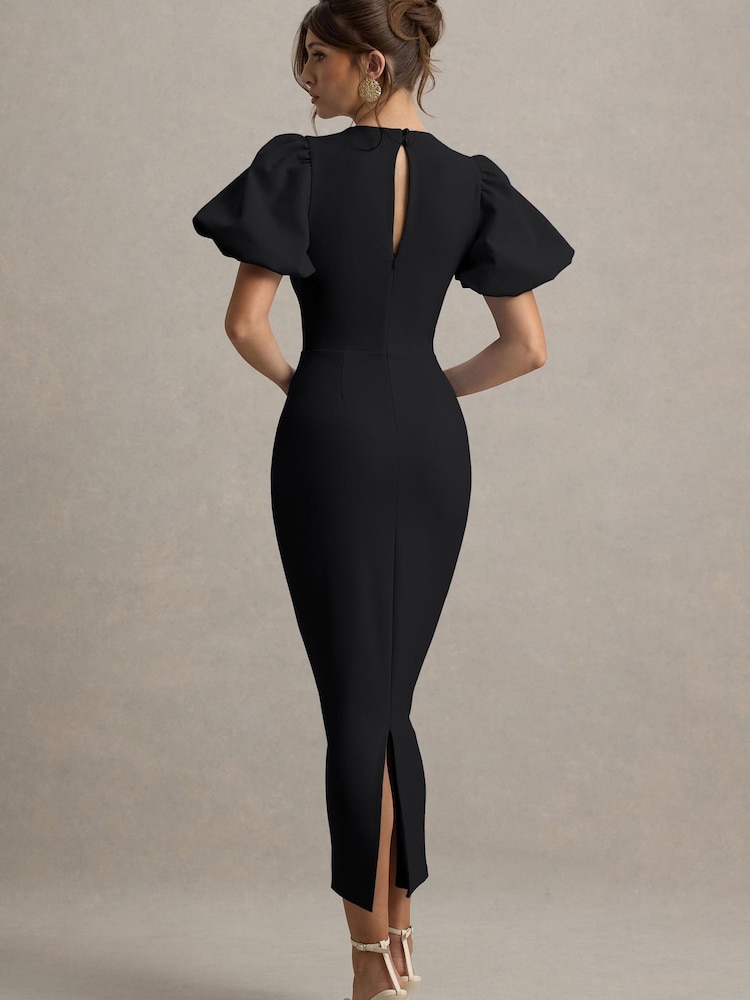 Club L London Black Dakota | Puff-Sleeve Midi Dress - Image 2 of 6 Club L London Black Dakota | Puff-Sleeve Midi Dress - Image 2 of 6