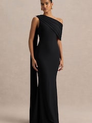 Club L London Black Zendaya Asymmetric Neck Fishtail Maxi Dress With Sash - Image 1 of 6