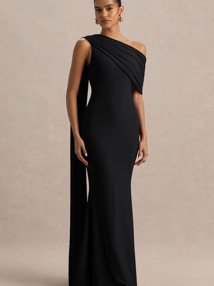 Club L London Black Zendaya Asymmetric Neck Fishtail Maxi Dress With Sash - Image 1 of 6