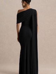 Club L London Black Zendaya Asymmetric Neck Fishtail Maxi Dress With Sash - Image 2 of 6