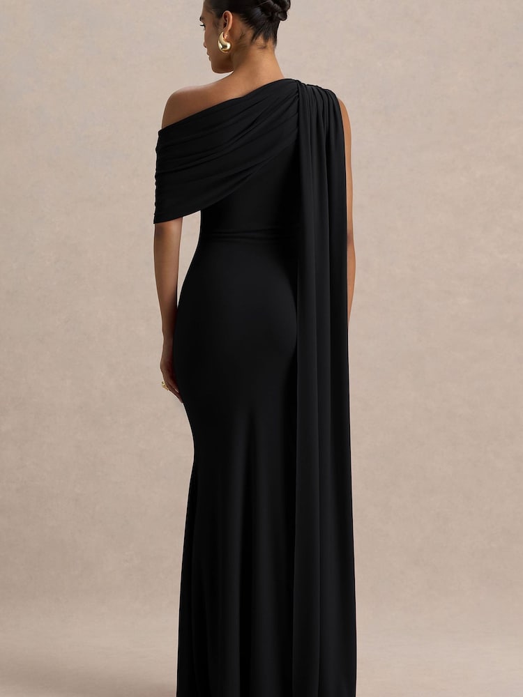 Club L London Black Zendaya Asymmetric Neck Fishtail Maxi Dress With Sash - Image 2 of 6
