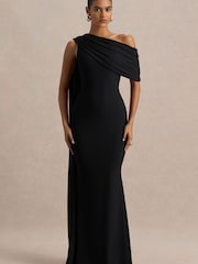 Club L London Black Zendaya Asymmetric Neck Fishtail Maxi Dress With Sash - Image 4 of 6