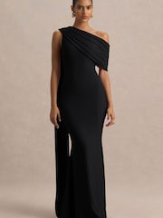 Club L London Black Zendaya Asymmetric Neck Fishtail Maxi Dress With Sash - Image 5 of 6