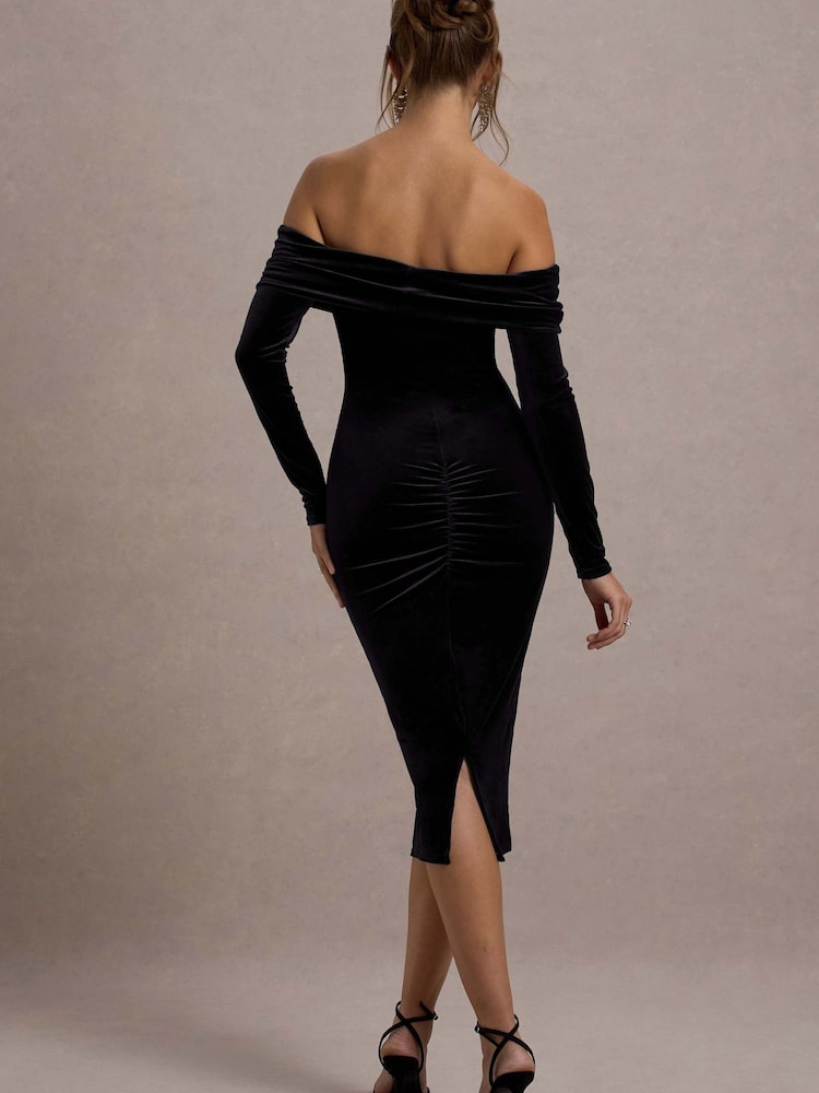 Club L London Blue Compliment Velvet Bardot Midi Dress - Image 2 of 5 Club L London Blue Compliment Velvet Bardot Midi Dress - Image 2 of 5
