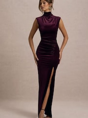 Club L London Red Abilene | Velvet High-Neck Split Maxi Dress - Image 1 of 6