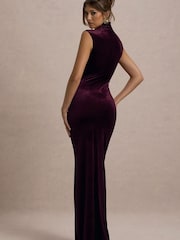 Club L London Red Abilene | Velvet High-Neck Split Maxi Dress - Image 2 of 6