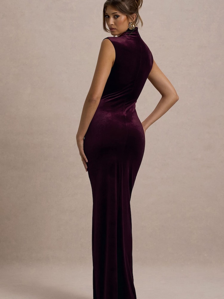 Club L London Red Abilene | Velvet High-Neck Split Maxi Dress - Image 2 of 6 Club L London Red Abilene | Velvet High-Neck Split Maxi Dress - Image 2 of 6