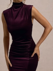 Club L London Red Abilene | Velvet High-Neck Split Maxi Dress - Image 3 of 6