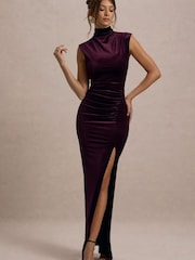 Club L London Red Abilene | Velvet High-Neck Split Maxi Dress - Image 4 of 6