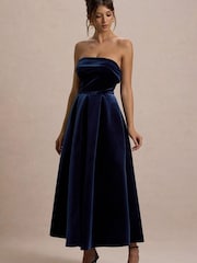 Club L London Blue Addina | Velvet Bandeau Skater Midi Dress - Image 1 of 7
