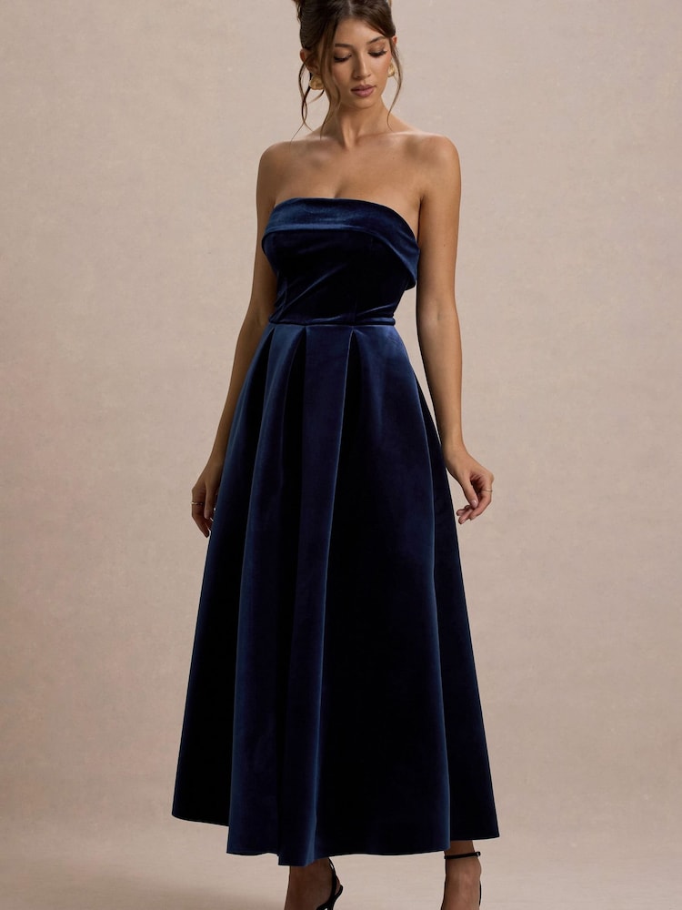 Club L London Blue Addina | Velvet Bandeau Skater Midi Dress - Image 1 of 7 Club L London Blue Addina | Velvet Bandeau Skater Midi Dress - Image 1 of 7