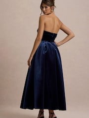 Club L London Blue Addina | Velvet Bandeau Skater Midi Dress - Image 2 of 7