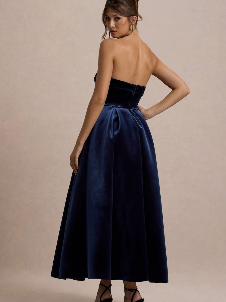Club L London Blue Addina | Velvet Bandeau Skater Midi Dress - Image 2 of 7 Club L London Blue Addina | Velvet Bandeau Skater Midi Dress - Image 2 of 7