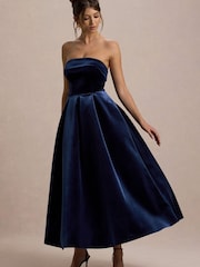 Club L London Blue Addina | Velvet Bandeau Skater Midi Dress - Image 3 of 7