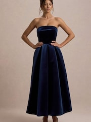 Club L London Blue Addina | Velvet Bandeau Skater Midi Dress - Image 4 of 7