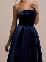 Club L London Blue Addina | Velvet Bandeau Skater Midi Dress - Image 5 of 7