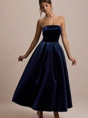 Club L London Blue Addina | Velvet Bandeau Skater Midi Dress - Image 6 of 7