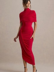 Club L London Red Enchant Asymmetric Twisted Cape Midi Dress - Image 1 of 6