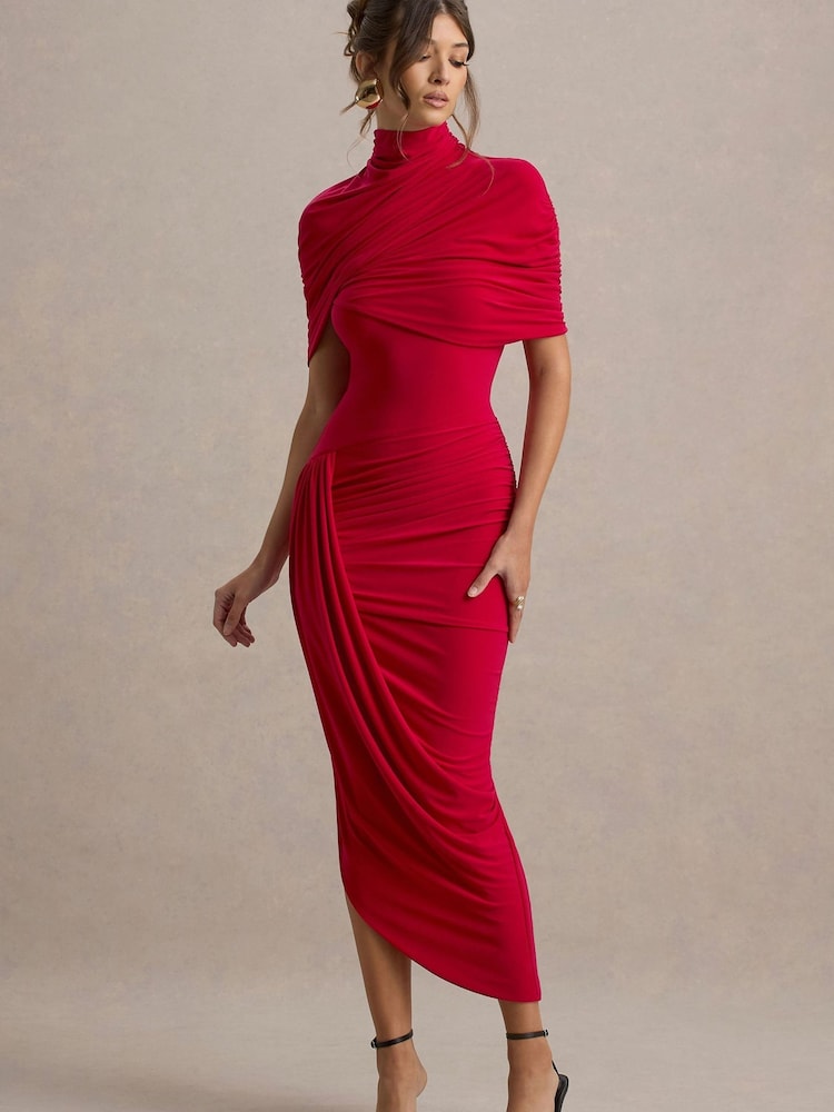 Club L London Red Enchant Asymmetric Twisted Cape Midi Dress - Image 1 of 6