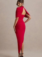 Club L London Red Enchant Asymmetric Twisted Cape Midi Dress - Image 2 of 6