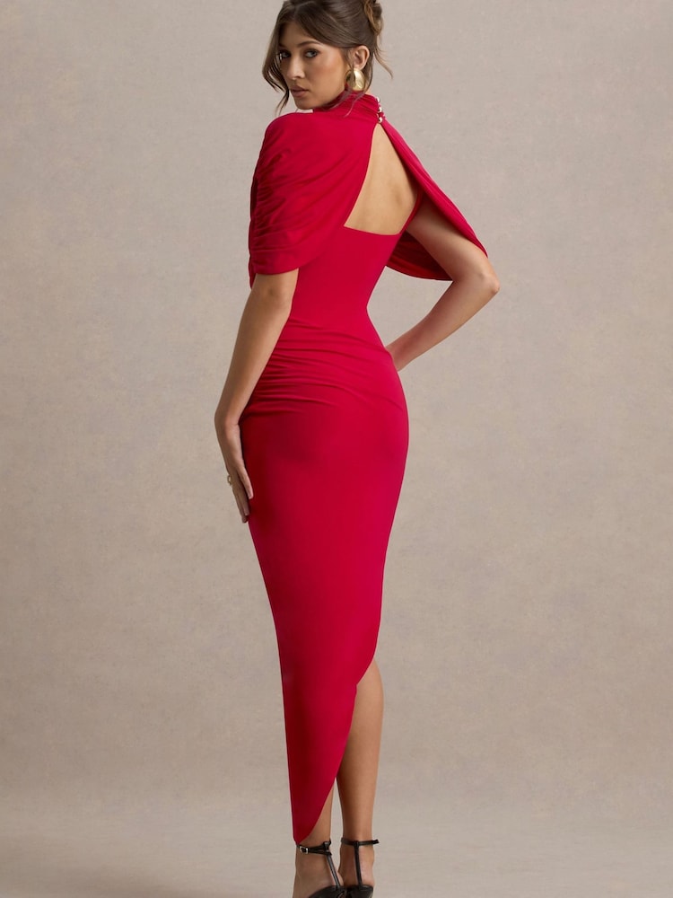 Club L London Red Enchant Asymmetric Twisted Cape Midi Dress - Image 2 of 6