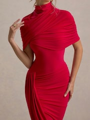Club L London Red Enchant Asymmetric Twisted Cape Midi Dress - Image 3 of 6
