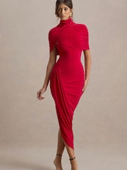 Club L London Red Enchant Asymmetric Twisted Cape Midi Dress - Image 4 of 6
