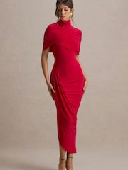 Club L London Red Enchant Asymmetric Twisted Cape Midi Dress - Image 5 of 6