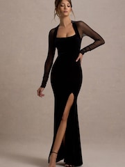 Club L London Black Apres | Velvet Bodycon Split Maxi Dress With Sheer Sleeves - Image 1 of 6