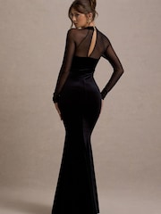Club L London Black Apres | Velvet Bodycon Split Maxi Dress With Sheer Sleeves - Image 2 of 6