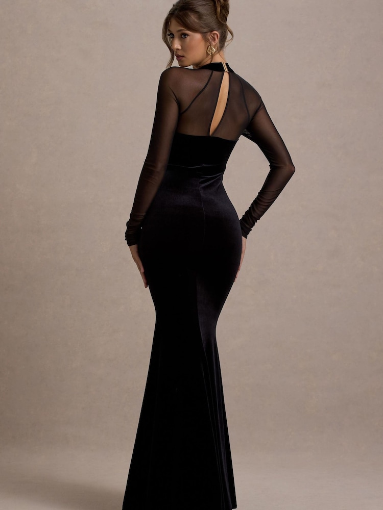 Club L London Black Apres | Velvet Bodycon Split Maxi Dress With Sheer Sleeves - Image 2 of 6 Club L London Black Apres | Velvet Bodycon Split Maxi Dress With Sheer Sleeves - Image 2 of 6