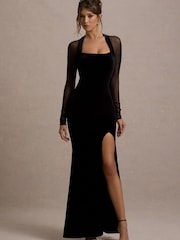 Club L London Black Apres | Velvet Bodycon Split Maxi Dress With Sheer Sleeves - Image 5 of 6