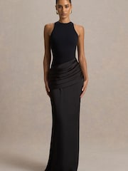 Club L London Black Akari Crew Neck Maxi Dress With Satin Skirt - Image 1 of 6