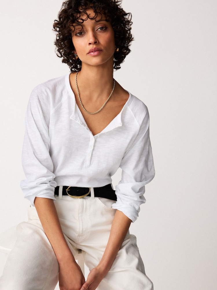 The White Company White Cotton Slub Relaxed Henley Top - Image 1 of 5 The White Company White Cotton Slub Relaxed Henley Top - Image 1 of 5