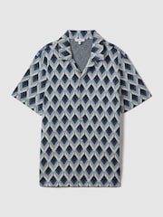 Reiss Navy Multi Beech Cotton Blend Jacquard Cuban Collar Shirt - Image 2 of 7