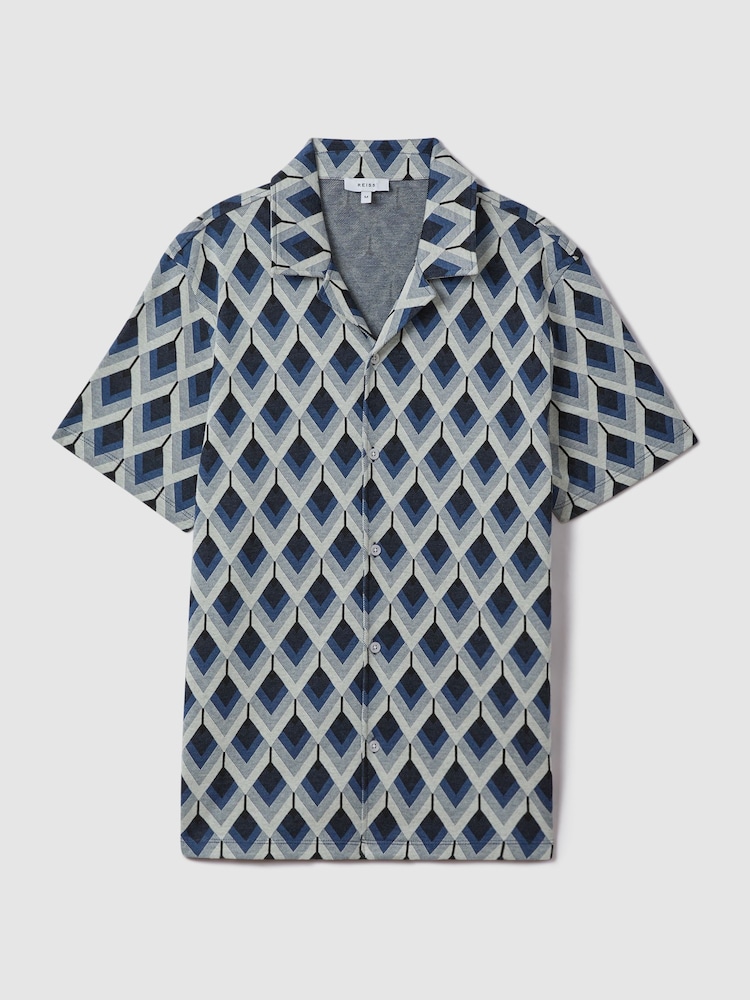 Reiss Navy Multi Beech Cotton Blend Jacquard Cuban Collar Shirt - Image 2 of 7