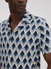 Reiss Navy Multi Beech Cotton Blend Jacquard Cuban Collar Shirt - Image 4 of 7