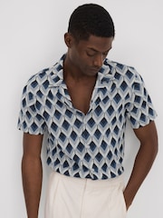 Reiss Navy Multi Beech Cotton Blend Jacquard Cuban Collar Shirt - Image 6 of 7